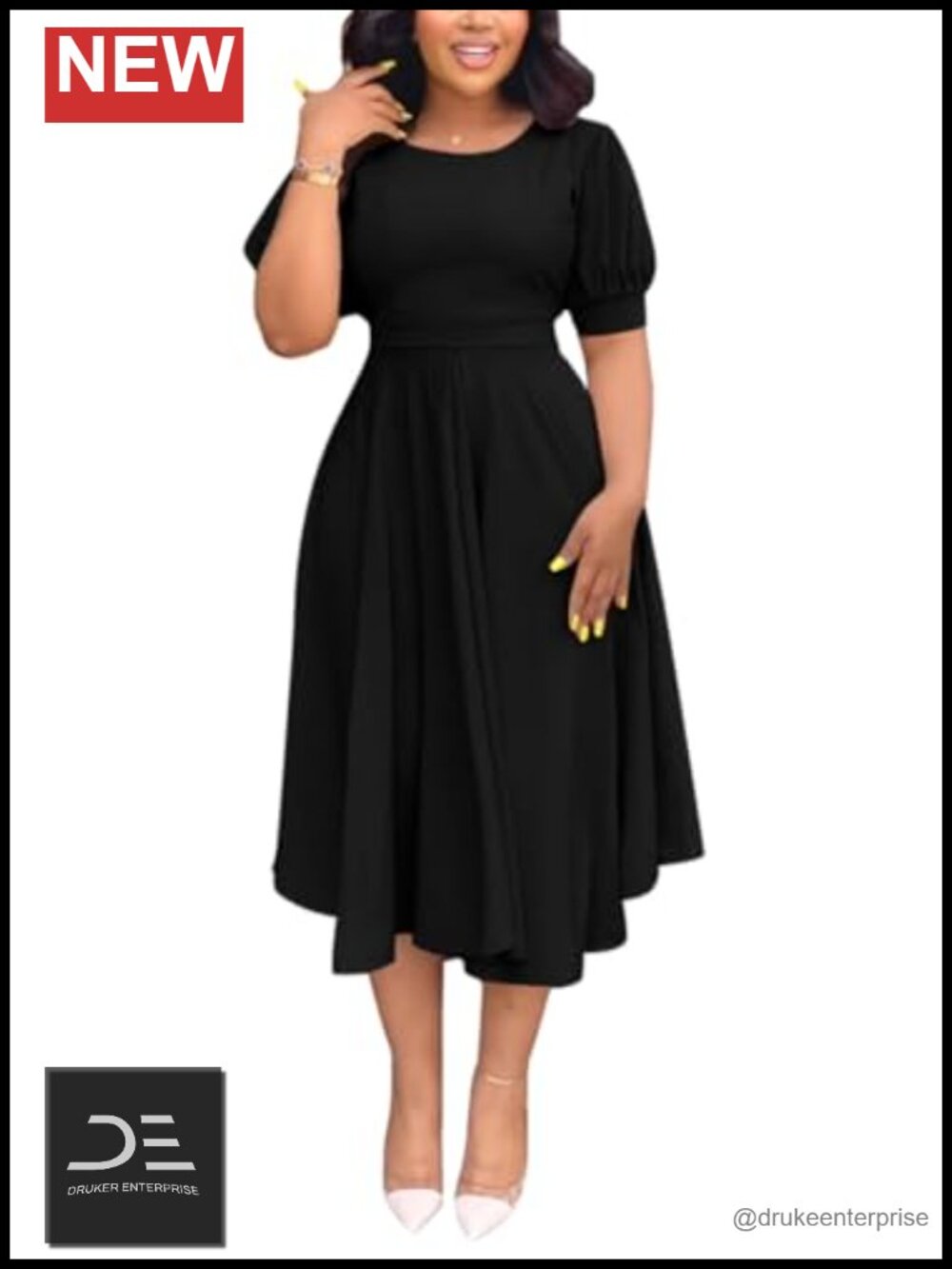 Women's Midi Dress Short Puff Sleeves A-Line Swing Casual Summer